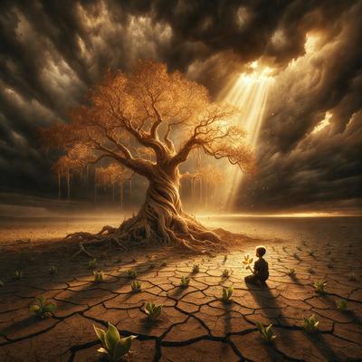 The primary subject of the image is a tree with a large trunk, surrounded by a field of dirt. The tree is located in the middle of the scene, and its trunk appears to be growing out of the ground. The setting is a barren, arid landscape, with a cloudy sky in the background. The visual style of the image is a combination of photo and digital art, creating a surreal and dramatic atmosphere. The dominant colors are earthy tones, such as brown and beige, which contribute to